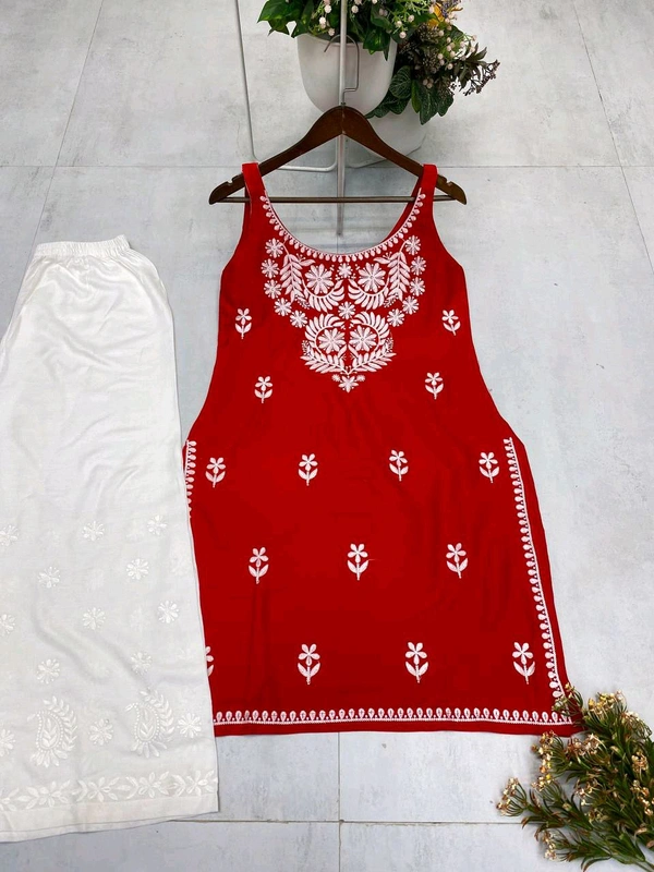 Sleeveless Chikankari Kurta With Plazzo Set - Red, XXL