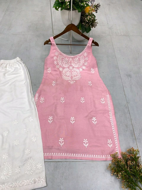Sleeveless Chikankari Kurta With Plazzo Set - Pink, M