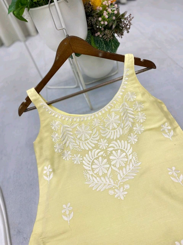 Sleeveless Chikankari Kurta With Plazzo Set - Yellow, M