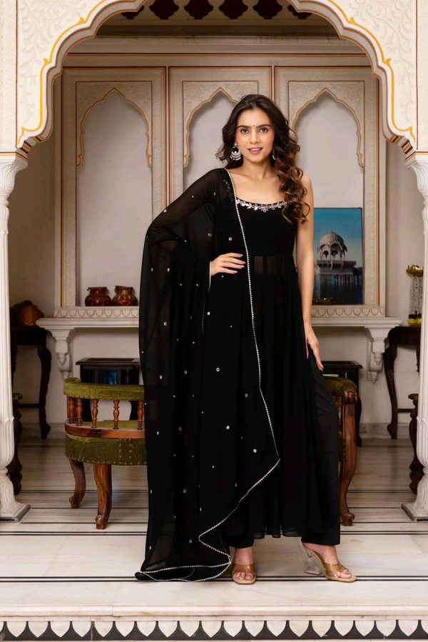 Stylish Black Color Gown With Plazo And Dupatta Set - XXL With 3XL Margin