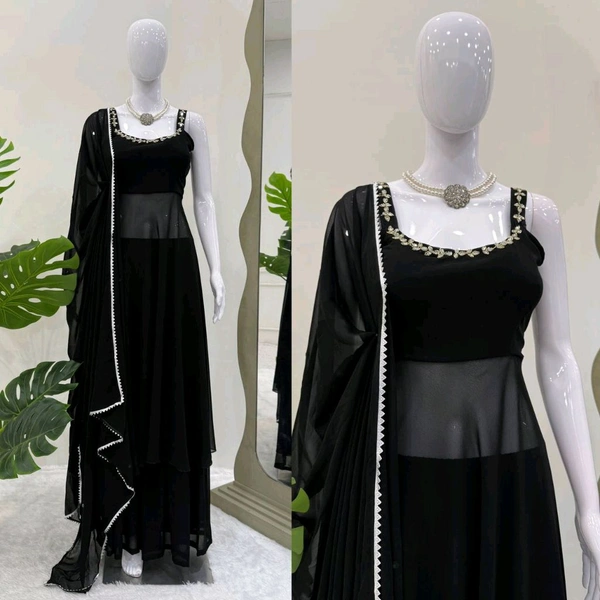 Stylish Black Color Gown With Plazo And Dupatta Set - XXL With 3XL Margin