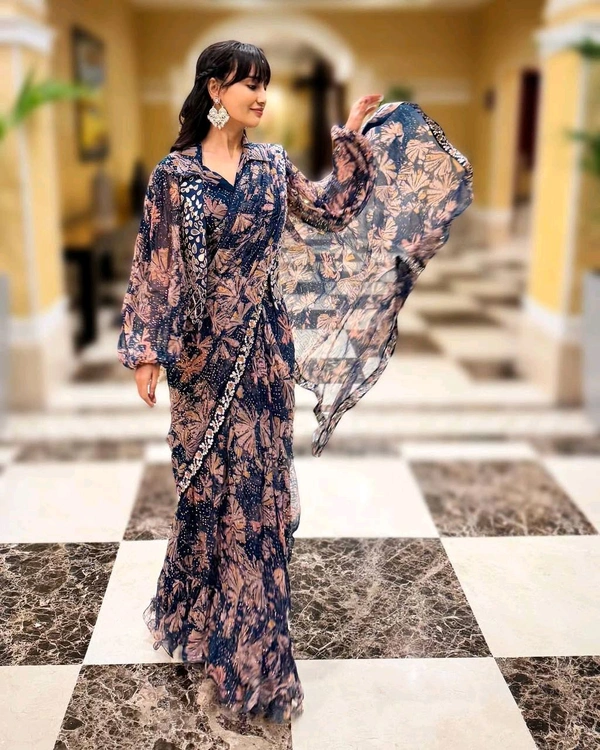 Ready To Wear Mirror Work Saree With Stiched Blouse