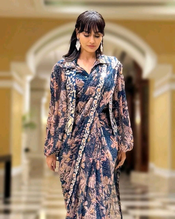 Ready To Wear Mirror Work Saree With Stiched Blouse