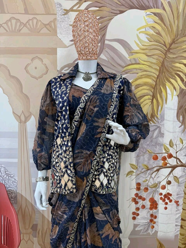 Ready To Wear Mirror Work Saree With Stiched Blouse