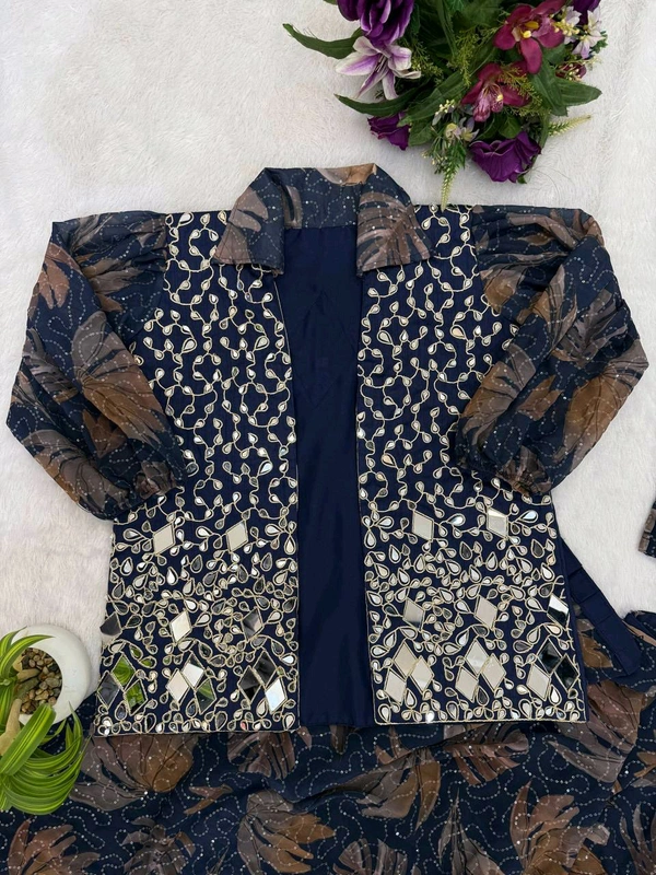 Ready To Wear Mirror Work Saree With Stiched Blouse