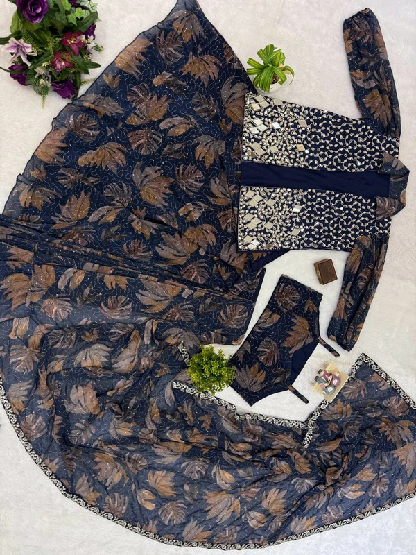 Ready To Wear Mirror Work Saree With Stiched Blouse