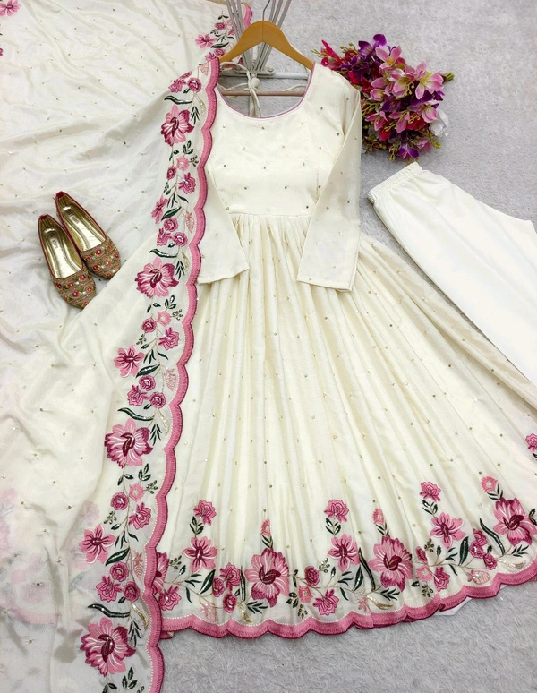 Heavy Pure Chinon Anarkali Gown With Pant and Dupatta Set - M