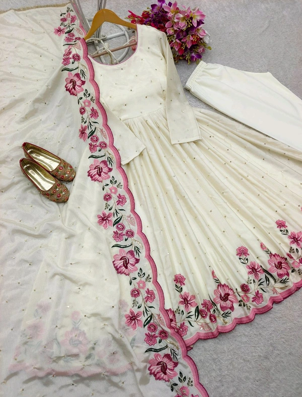 Heavy Pure Chinon Anarkali Gown With Pant and Dupatta Set - M