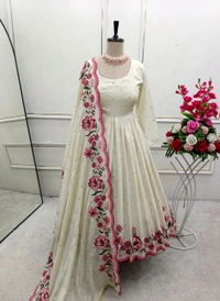 Heavy Pure Chinon Anarkali Gown With Pant and Dupatta Set - M