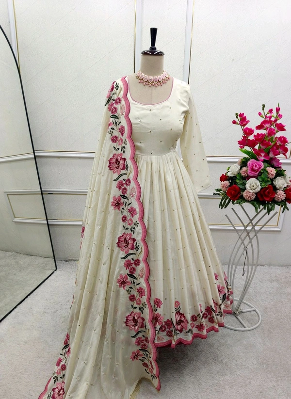 Heavy Pure Chinon Anarkali Gown With Pant and Dupatta Set - M