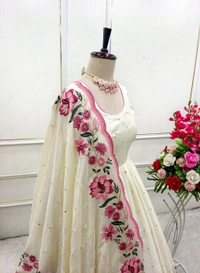 Heavy Pure Chinon Anarkali Gown With Pant and Dupatta Set - M