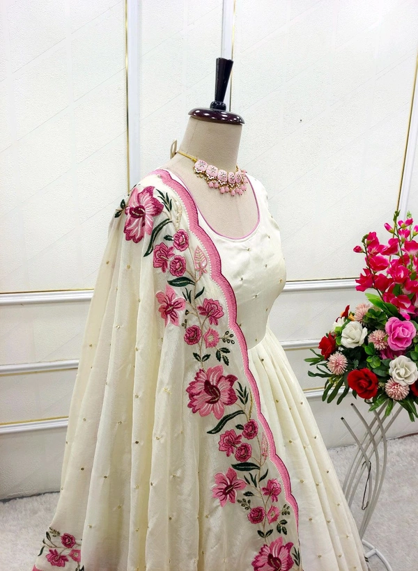 Heavy Pure Chinon Anarkali Gown With Pant and Dupatta Set - M