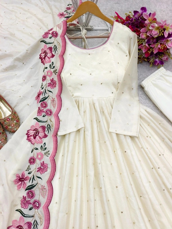 Heavy Pure Chinon Anarkali Gown With Pant and Dupatta Set - M