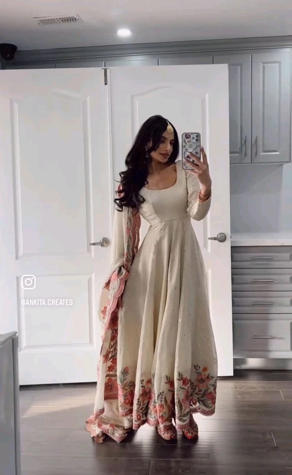 Heavy Pure Chinon Anarkali Gown With Pant and Dupatta Set - L