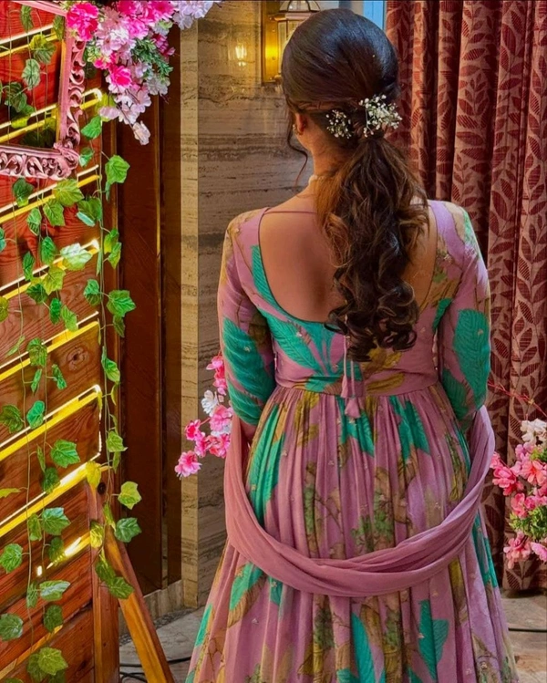 Partywear Fox Georgette Anarkali Gown With Dupatta Set - M
