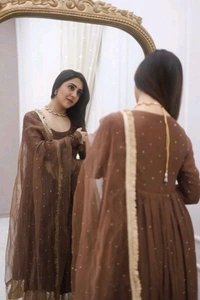 New Designer Moti Work Anarkali Gown With Bottom And Dupatta Set - M
