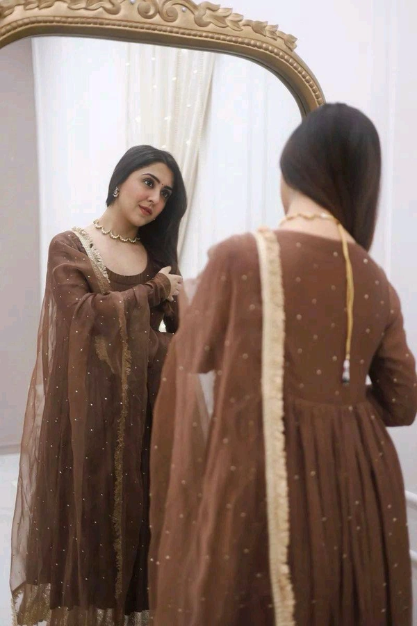 New Designer Moti Work Anarkali Gown With Bottom And Dupatta Set - M