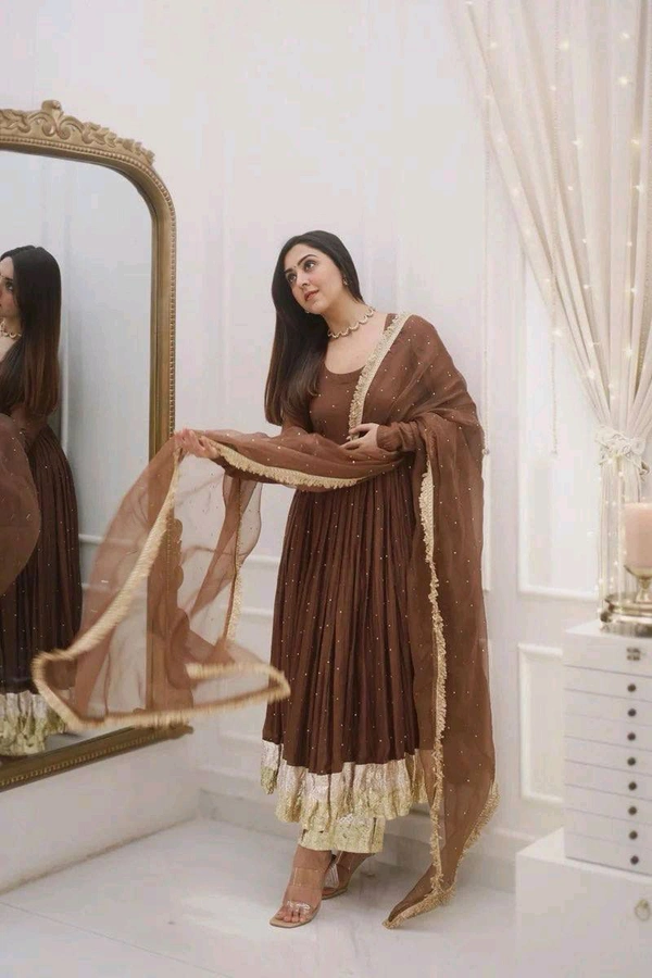 New Designer Moti Work Anarkali Gown With Bottom And Dupatta Set - XXL