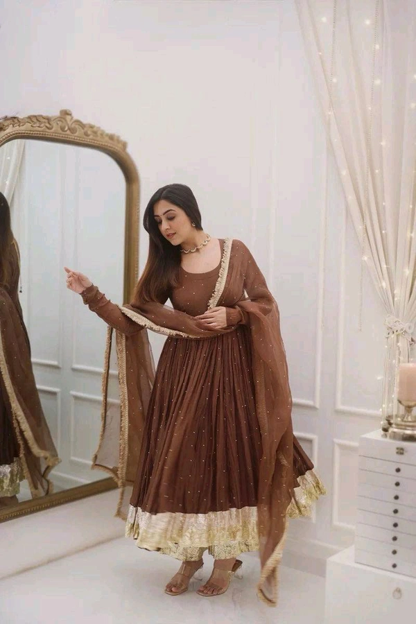 New Designer Moti Work Anarkali Gown With Bottom And Dupatta Set - XXL