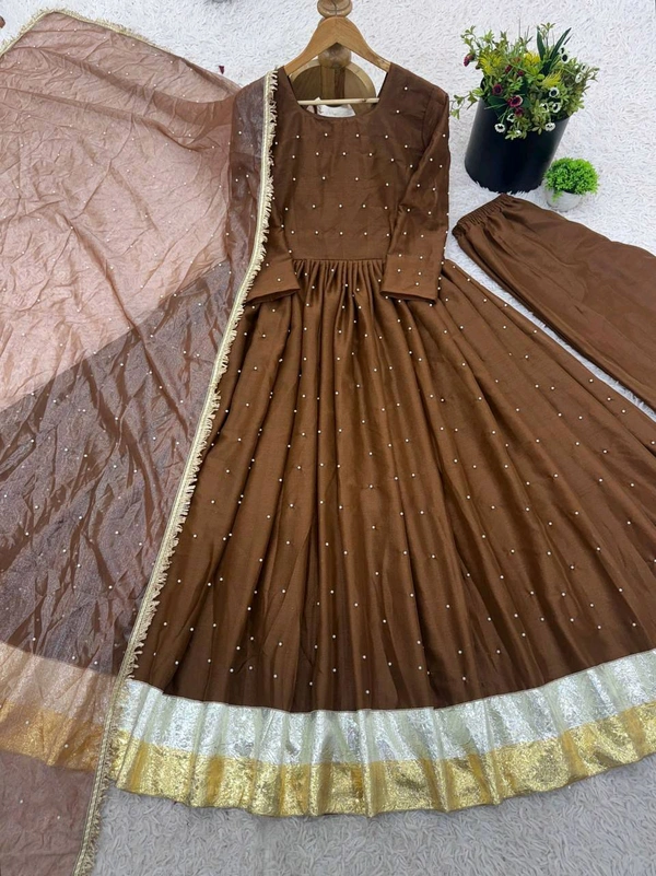 New Designer Moti Work Anarkali Gown With Bottom And Dupatta Set - XXL