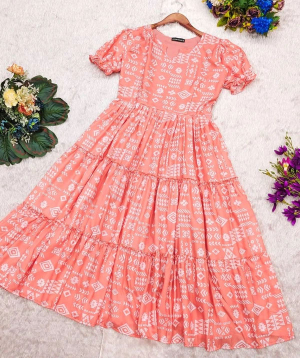 Peach Color Printed Maxi Dress - M