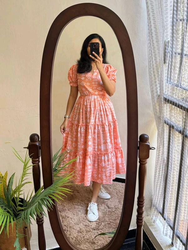 Peach Color Printed Maxi Dress - L