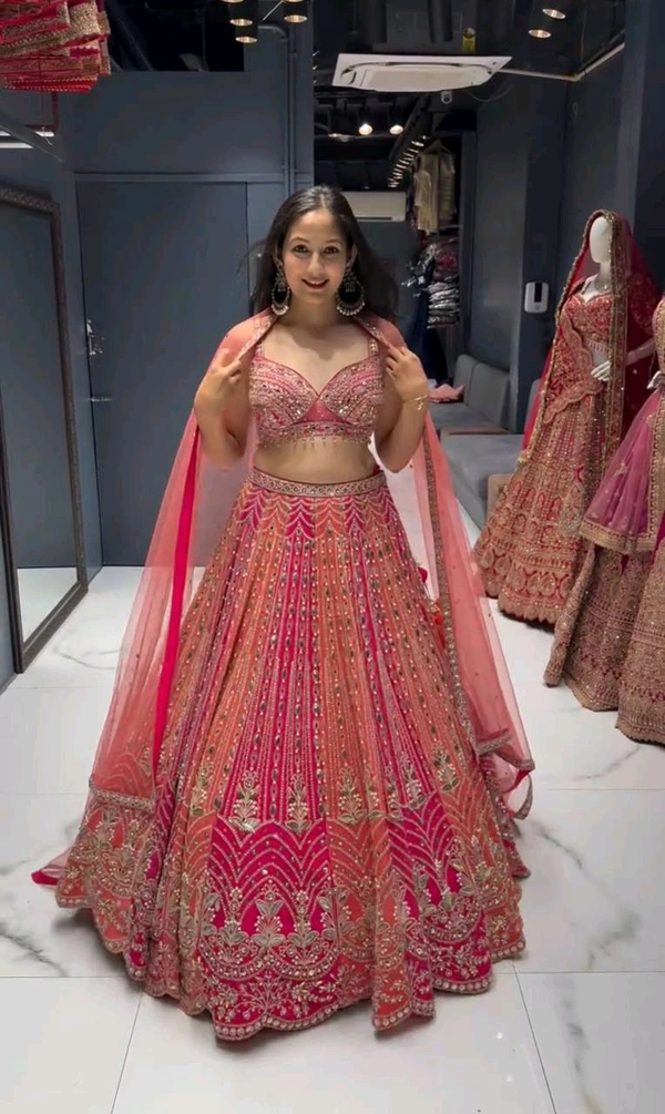 Bridal Look Heavy Embroidery Work Lehenga With Cancan - Semi Stiched Upto 44inch