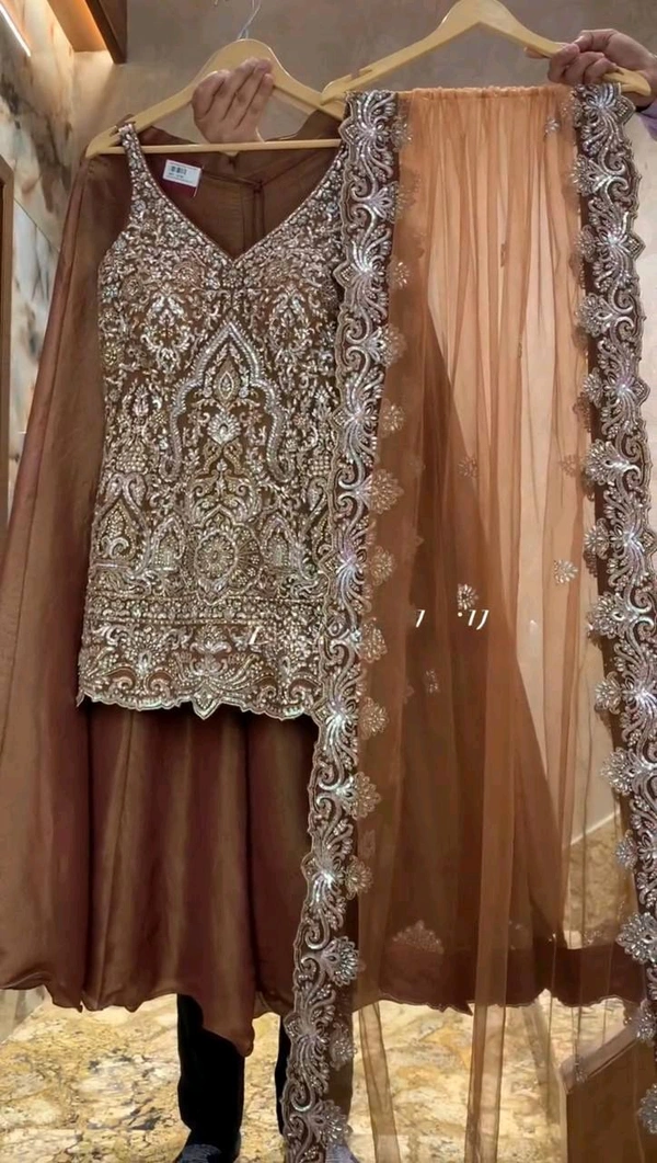 Partywear Heavy Sequence Embroidery Work Plazzo Suit - Free Size Upto 44inch, Brown
