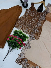 Partywear Heavy Sequence Embroidery Work Plazzo Suit - Free Size Upto 44inch, Brown