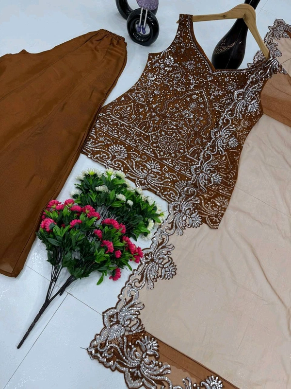 Partywear Heavy Sequence Embroidery Work Plazzo Suit - Free Size Upto 44inch, Brown