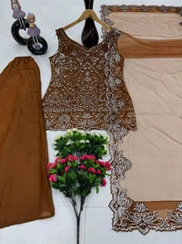 Partywear Heavy Sequence Embroidery Work Plazzo Suit - Free Size Upto 44inch, Brown