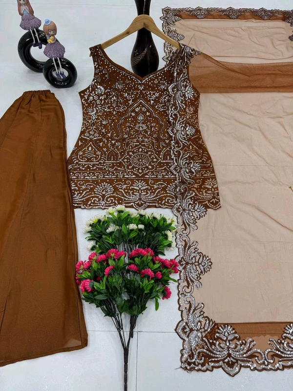 Partywear Heavy Sequence Embroidery Work Plazzo Suit - Free Size Upto 44inch, Brown