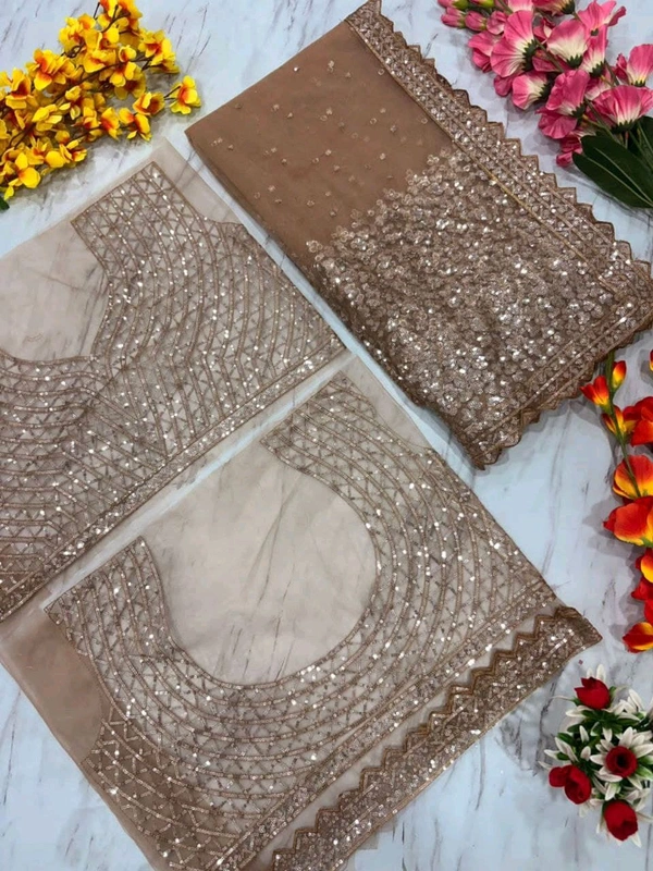 Beautiful Butterfly Net Sequence Work Saree With Blouse Piece