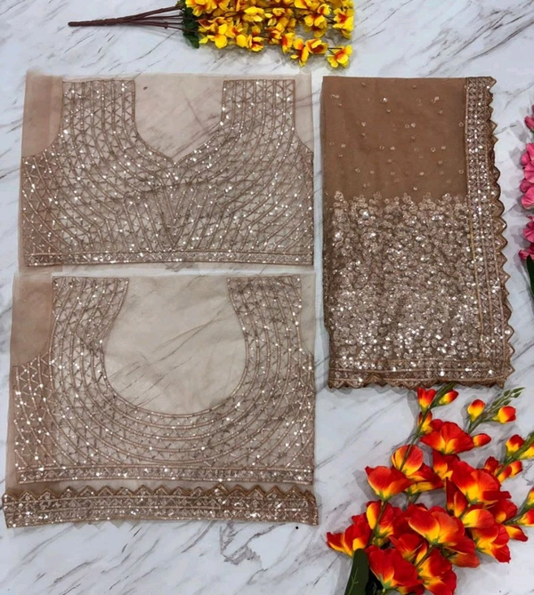 Beautiful Butterfly Net Sequence Work Saree With Blouse Piece