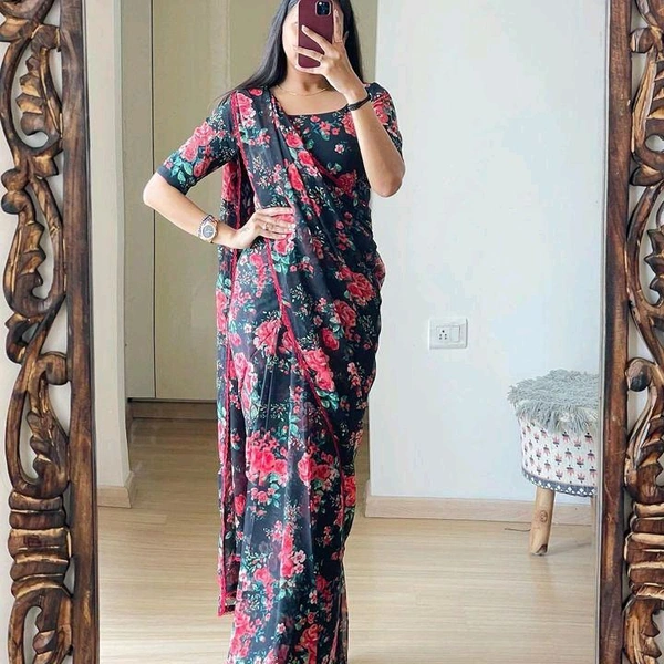 Ready To Wear Printed Saree With Unstitched Blouse Piece