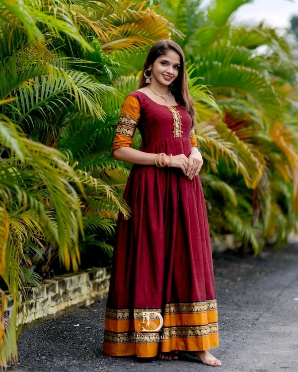 South Indian Style Anarkali Gown - Maroon with Mustard, M