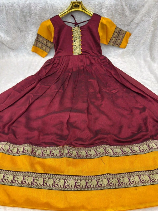 South Indian Style Anarkali Gown - Maroon with Mustard, M