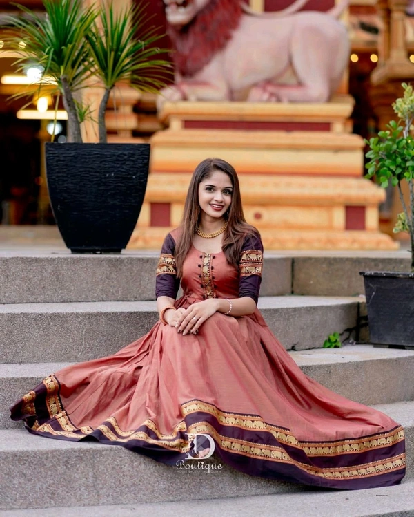 South Indian Style Anarkali Gown - Dark Peach with Maroon, XL