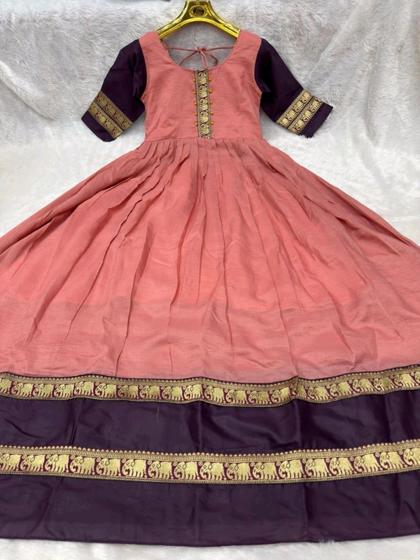 South Indian Style Anarkali Gown - Dark Peach with Maroon, XXL