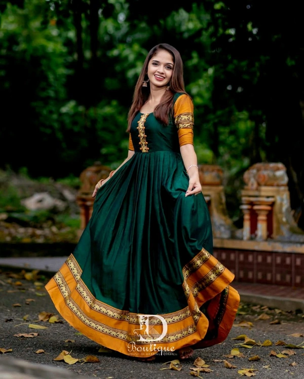 South Indian Style Anarkali Gown - Dark Green with Mustard, 3XL