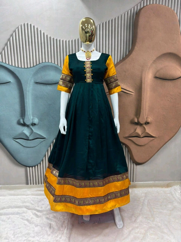 South Indian Style Anarkali Gown - Dark Green with Mustard, 3XL