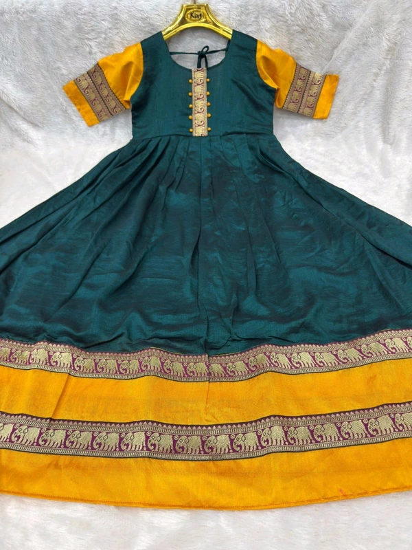 South Indian Style Anarkali Gown - Dark Green with Mustard, 3XL