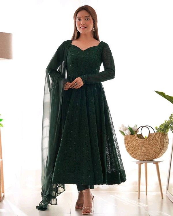 Lucknowi Anarkali Gown With Pant And Dupatta Set - S