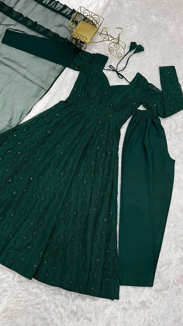 Lucknowi Anarkali Gown With Pant And Dupatta Set - M