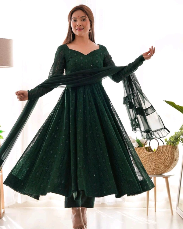 Lucknowi Anarkali Gown With Pant And Dupatta Set - XXL