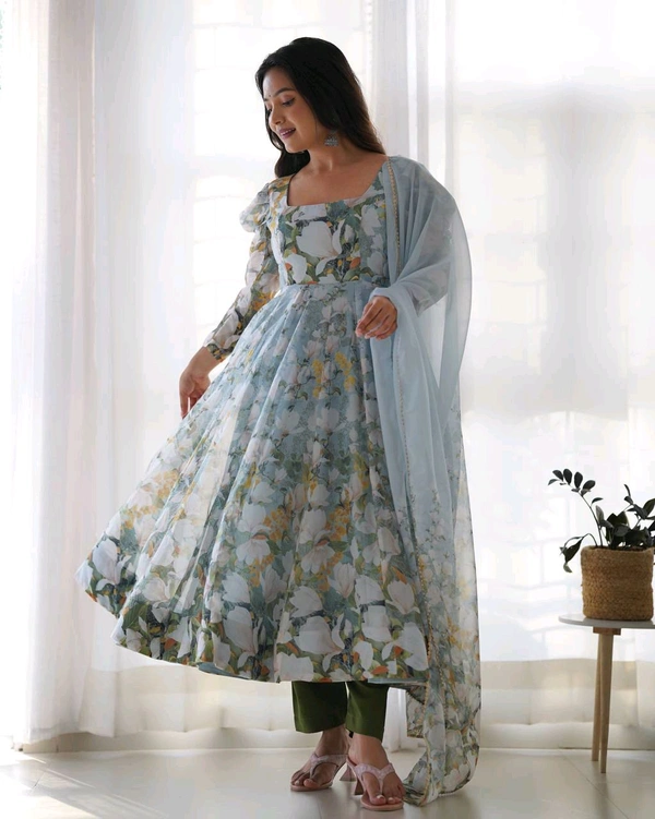 Designer Organza Silk Gown With Bottom And Dupatta Set - Xs