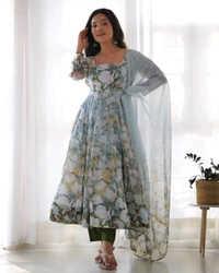 Designer Organza Silk Gown With Bottom And Dupatta Set - Xs