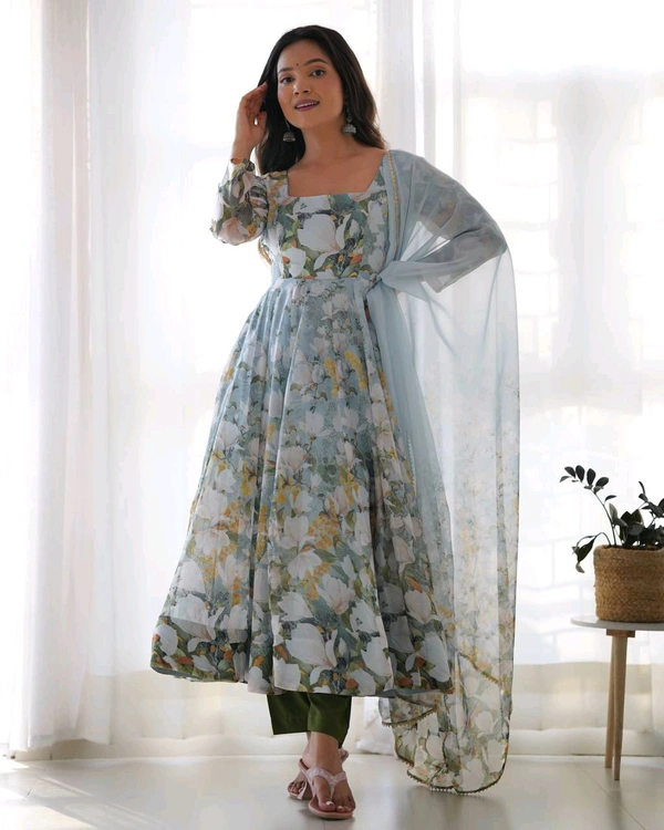 Designer Organza Silk Gown With Bottom And Dupatta Set - Xs