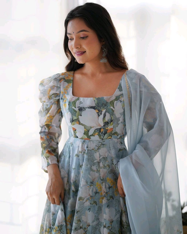Designer Organza Silk Gown With Bottom And Dupatta Set - Xs