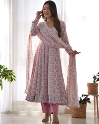 Designer Chiffon Floral Print Anarkali Gown With Bottom And Dupatta Set - Pink, Xs